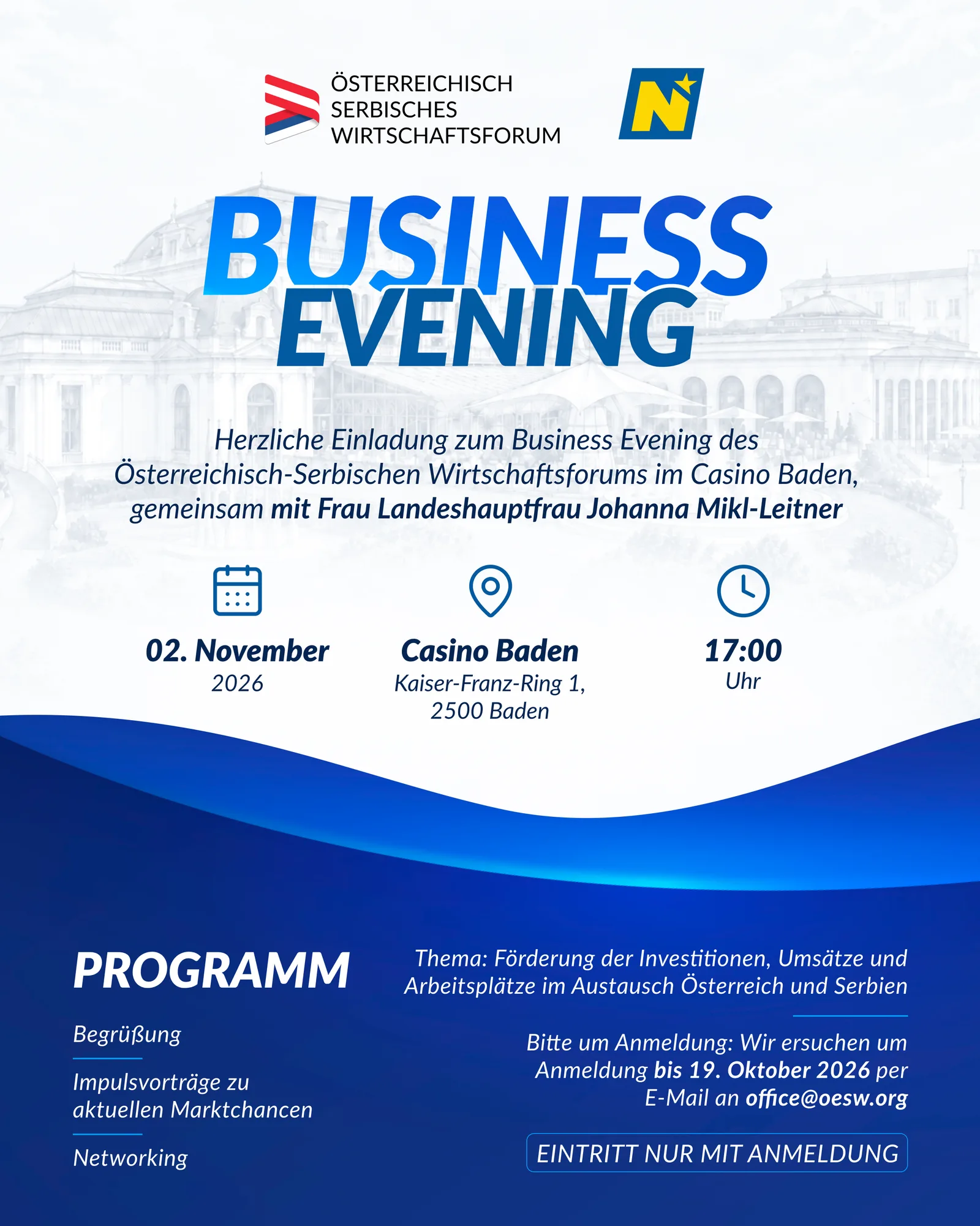 Einladung zum Business Evening am 2. November 2026 im Casino Baden