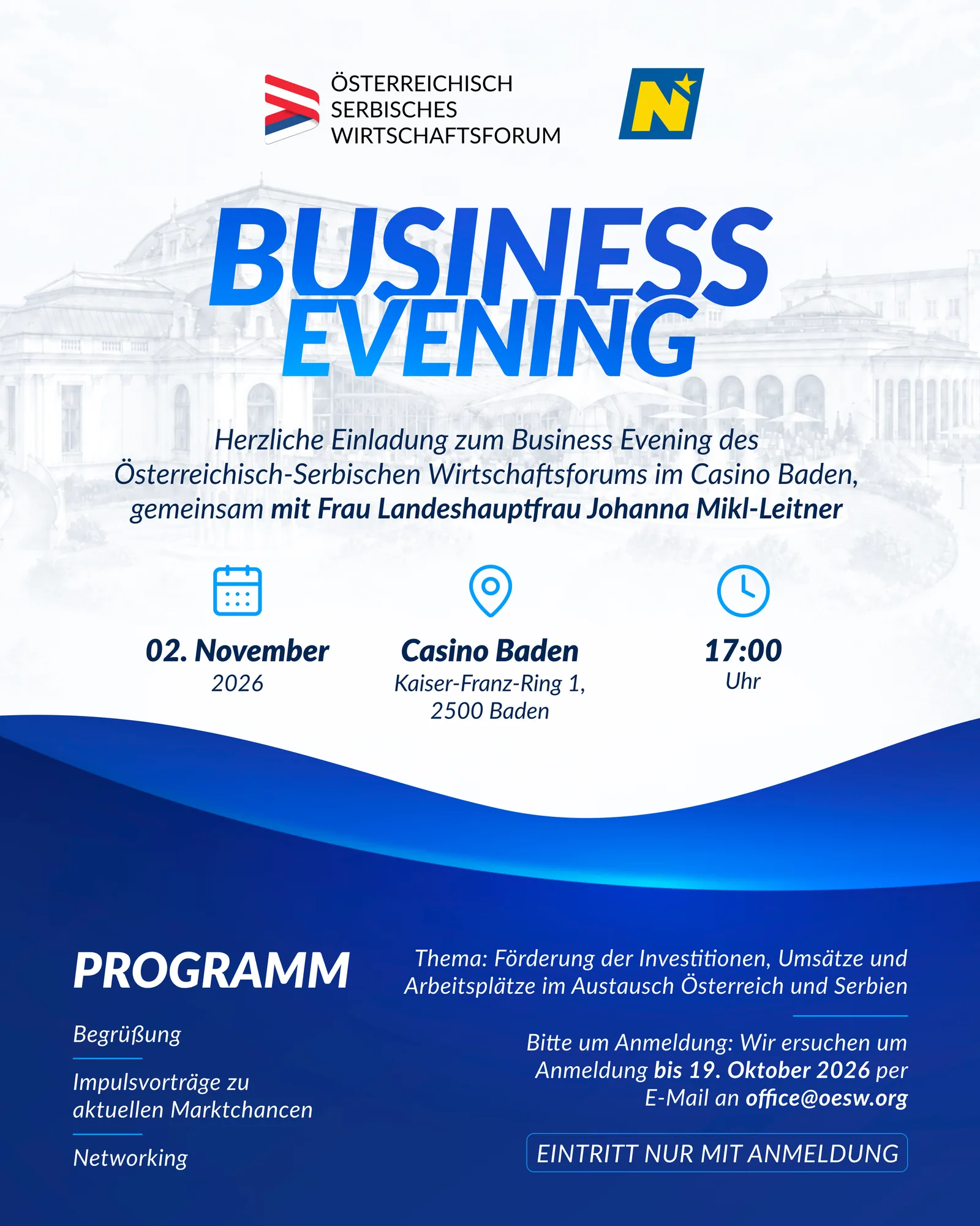 Invitation to the Business Evening on 2 November 2026 at Casino Baden