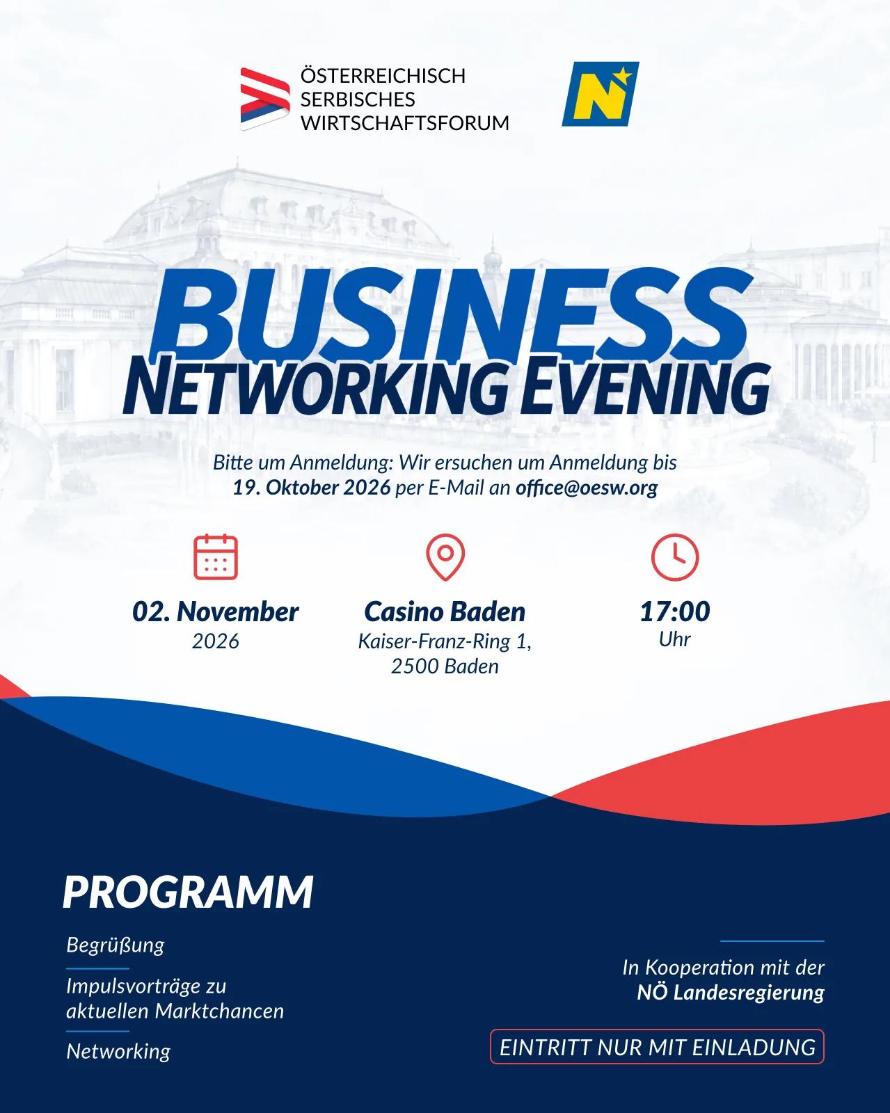 Einladung zum Business Networking Evening am 2. November 2026 im Casino Baden